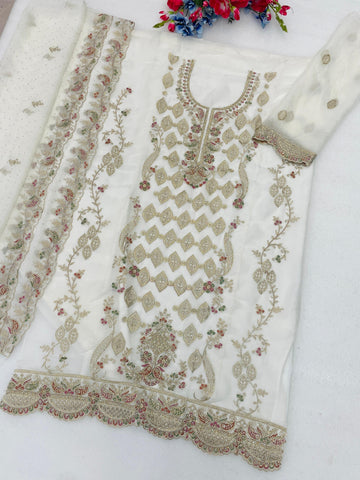 Anaita White Silk Suit with Embroidery & Sequence Work - Dista
