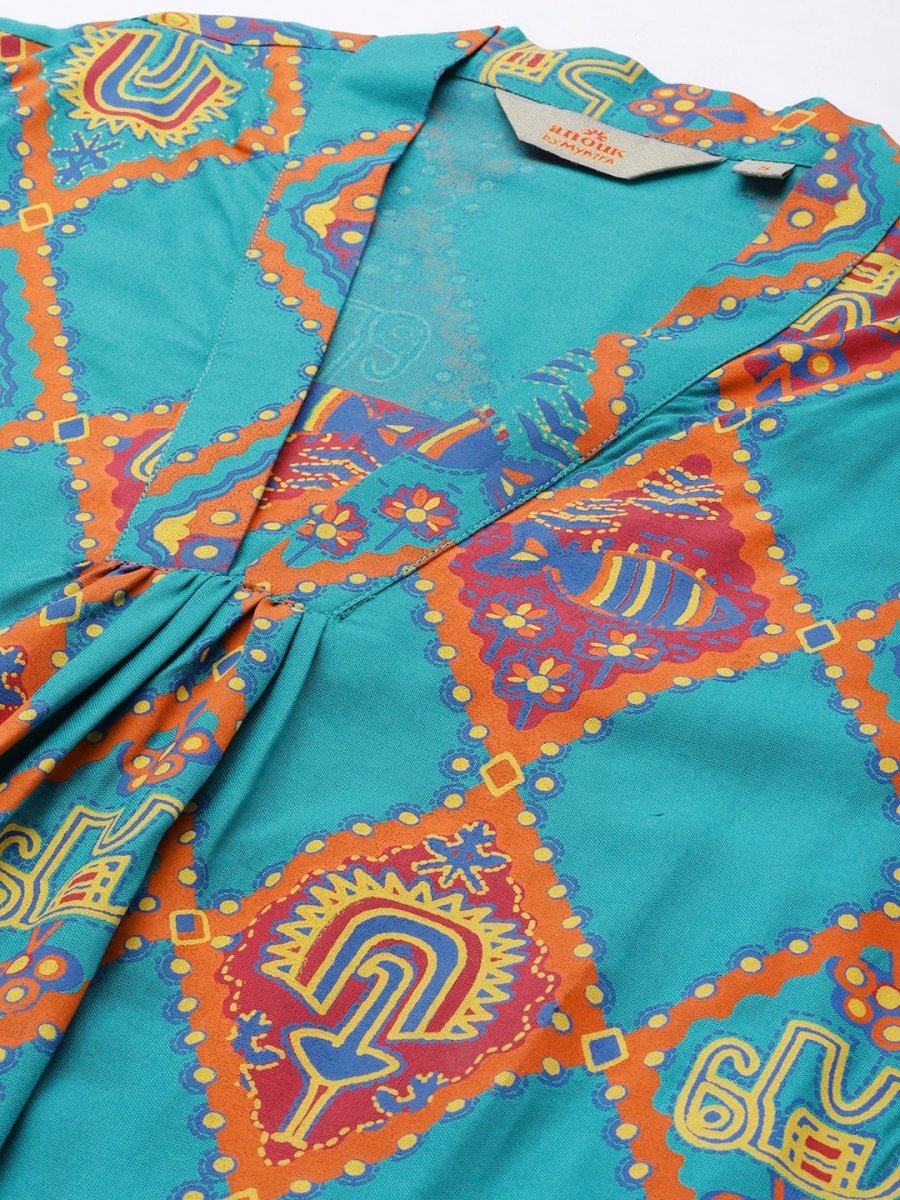 Anouk Women Teal Blue & Rust orange Ethnic Motifs Printed Pure Cotton Kurta with Palazzos - Distacart