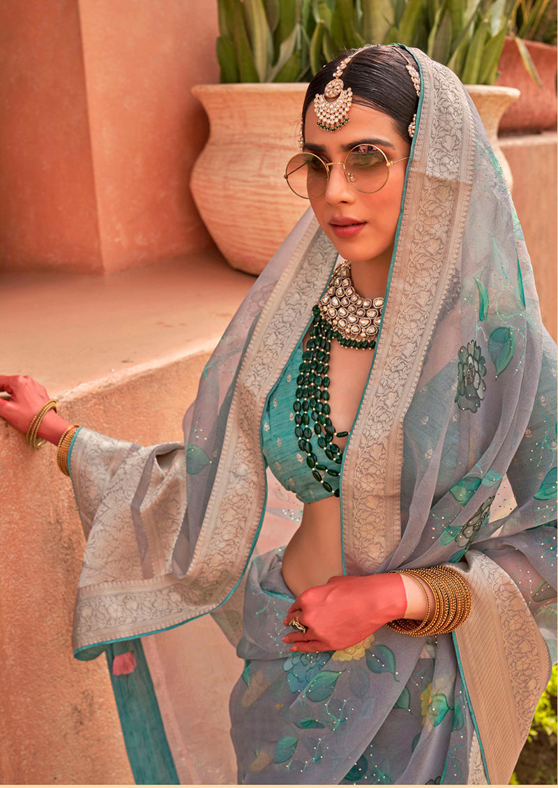 Monjolika Fashion Organza Printed Blue Contemporary Saree