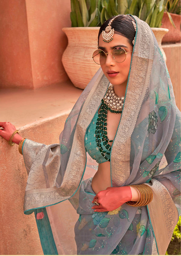 Monjolika Fashion Organza Printed Blue Contemporary Saree