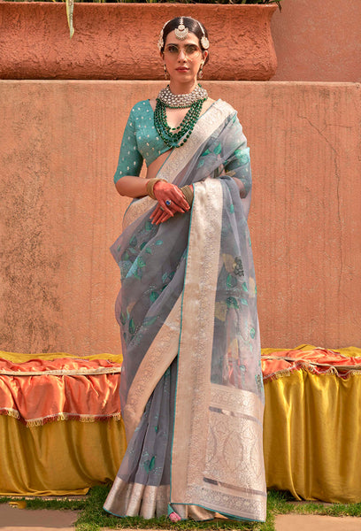 Monjolika Fashion Organza Printed Blue Contemporary Saree