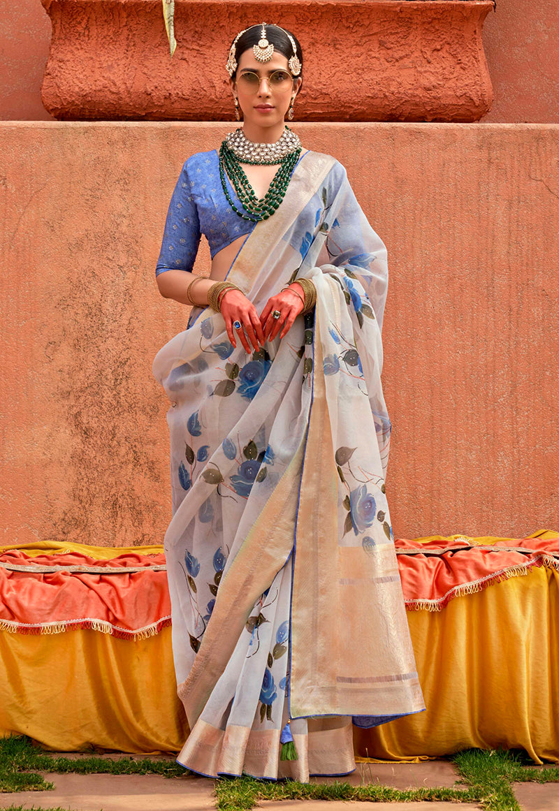 Monjolika Fashion Organza Printed Aqua Blue Contemporary Saree