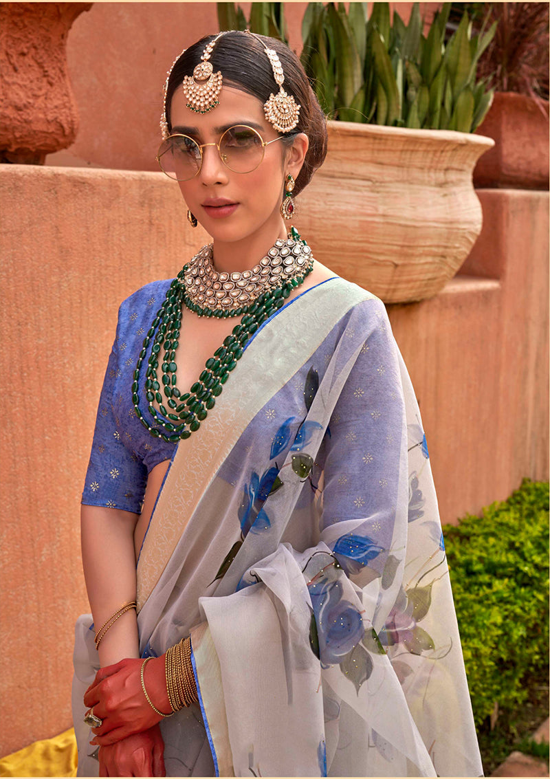 Monjolika Fashion Organza Printed Aqua Blue Contemporary Saree