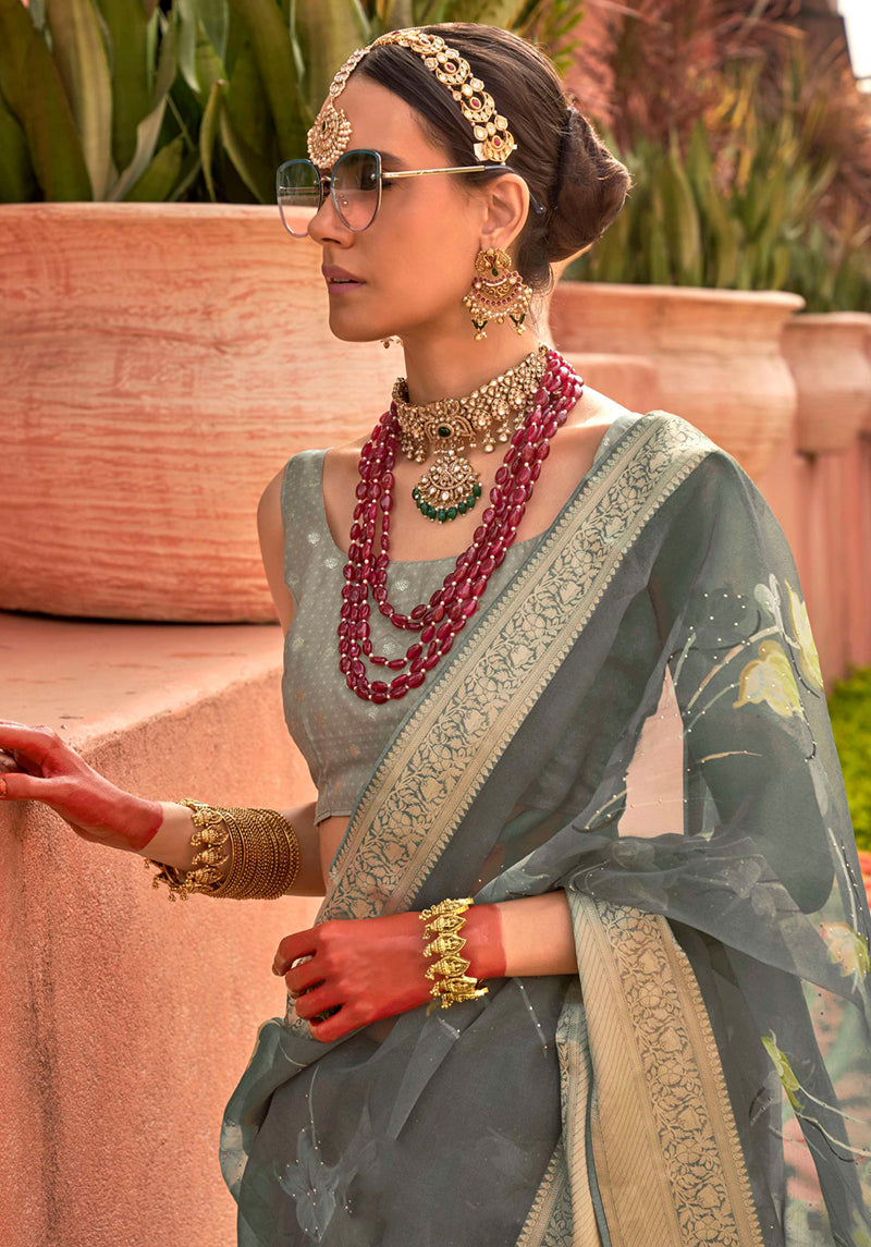 Monjolika Fashion Organza Printed Sea Green Contemporary Saree