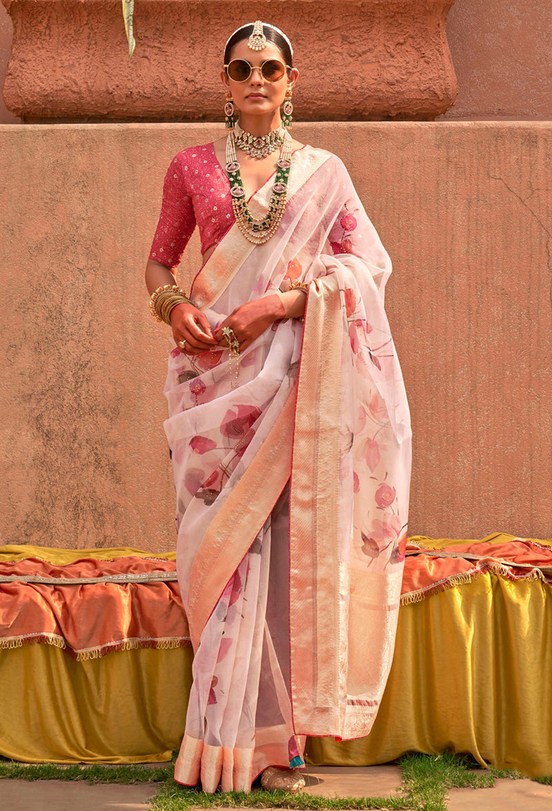 Monjolika Fashion Organza Printed Light Pink Contemporary Saree