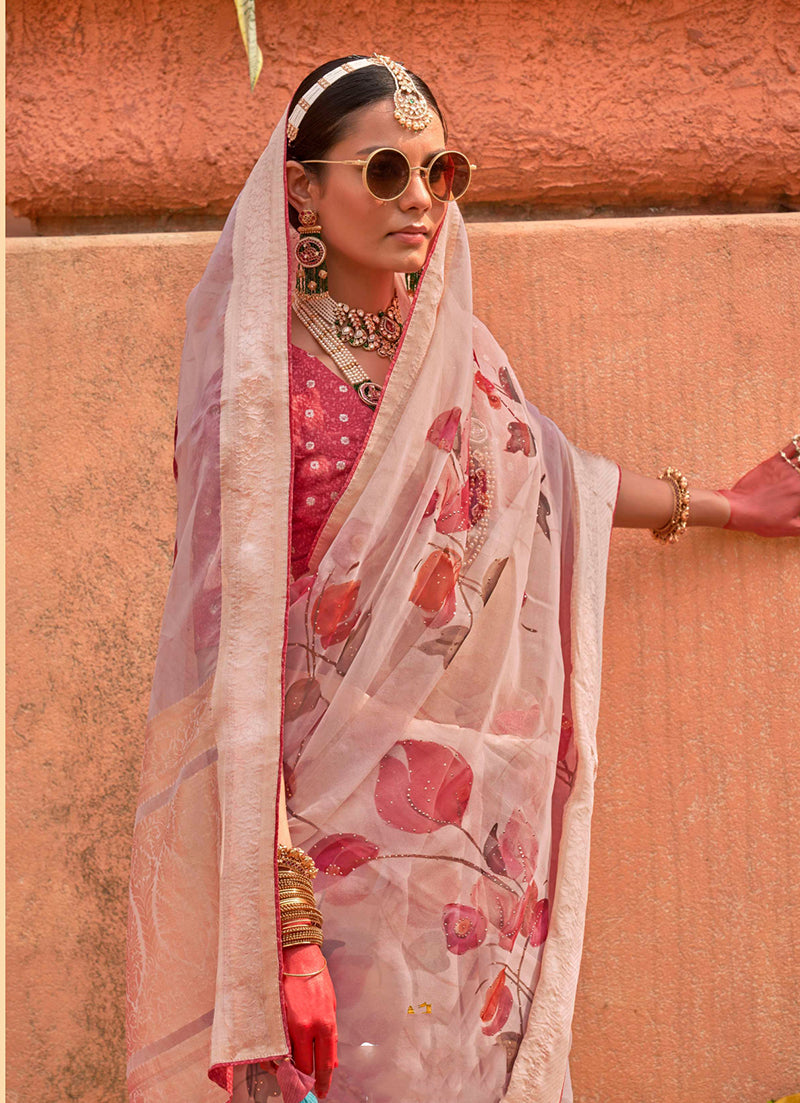 Monjolika Fashion Organza Printed Light Pink Contemporary Saree