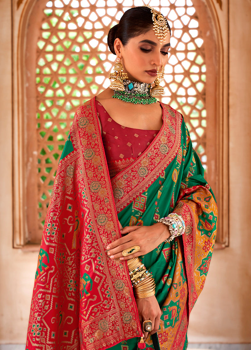 Monjolika Fashion Banarasi Silk Zari Green Contemporary Saree