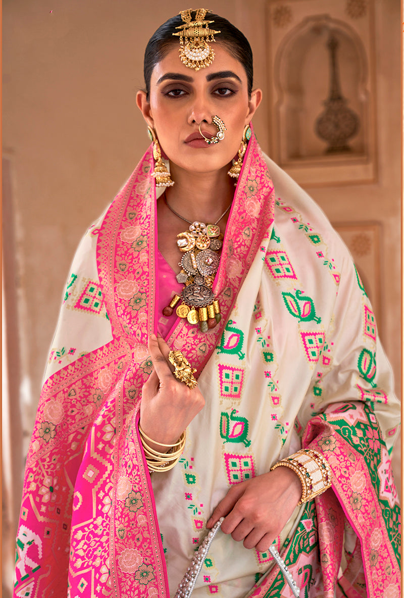 Monjolika Fashion Weaving White Banarasi Silk Contemporary Saree