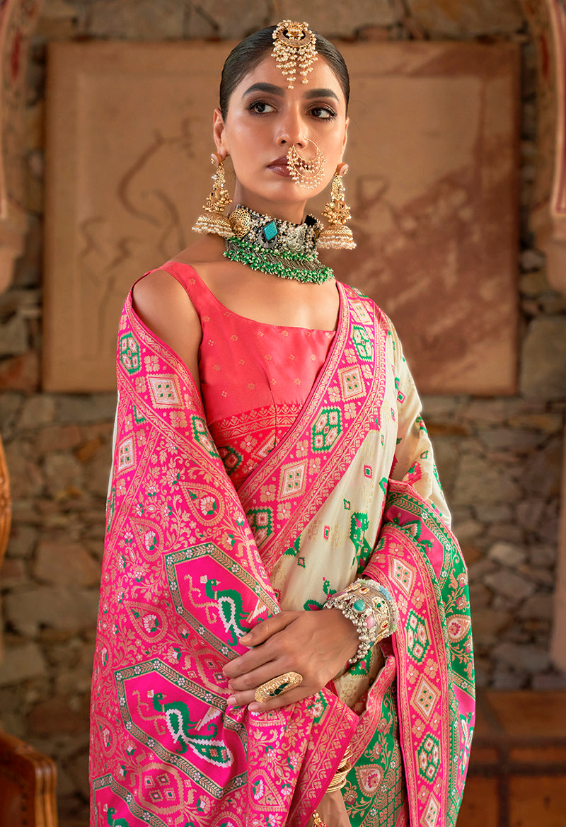 Monjolika Fashion Banarasi Silk White Weaving Traditional Saree