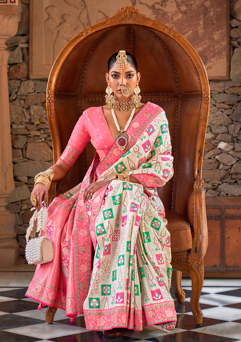 Monjolika Fashion White Banarasi Silk Weaving Traditional Saree