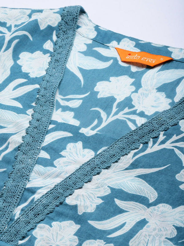 Indo Era Floral Printed Pure Cotton Kurta with Trousers & With Dupatta