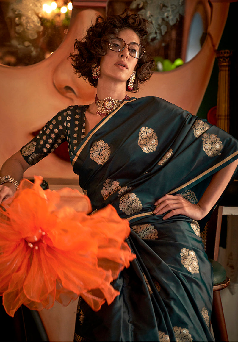 Monjolika Fashion Weaving Zari Pure Satin Silk Traditional Saree In Dark Green - Distacart
