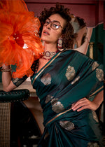 Thumbnail for Monjolika Fashion Weaving Zari Pure Satin Silk Traditional Saree In Dark Green - Distacart