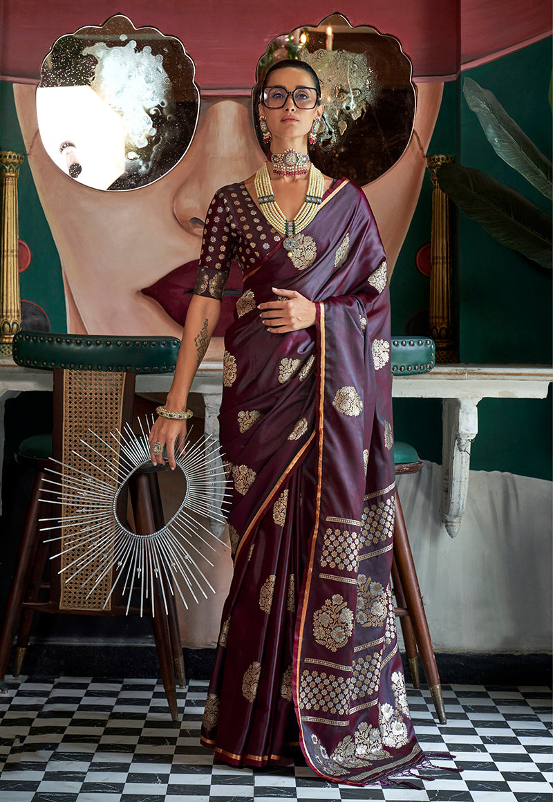 Monjolika Fashion Wine Weaving Zari Pure Satin Silk Designer Saree