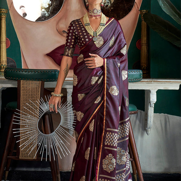 Monjolika Fashion Wine Weaving Zari Pure Satin Silk Designer Saree - Distacart