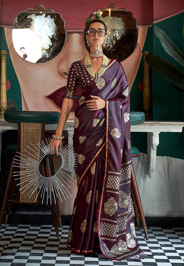 Monjolika Fashion Wine Weaving Zari Pure Satin Silk Designer Saree