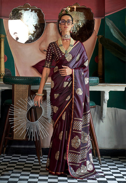 Monjolika Fashion Wine Weaving Zari Pure Satin Silk Designer Saree