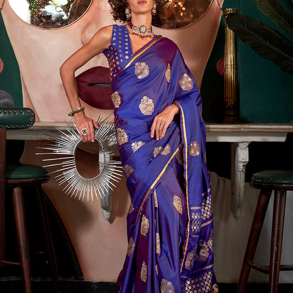 Monjolika Fashion Purple Pure Satin Silk Weaving Zari Classic Saree - Distacart