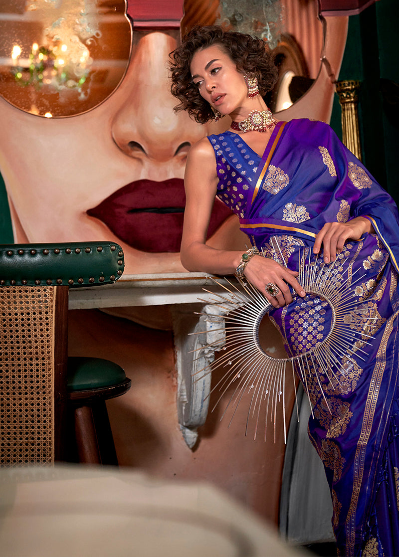 Monjolika Fashion Purple Pure Satin Silk Weaving Zari Classic Saree