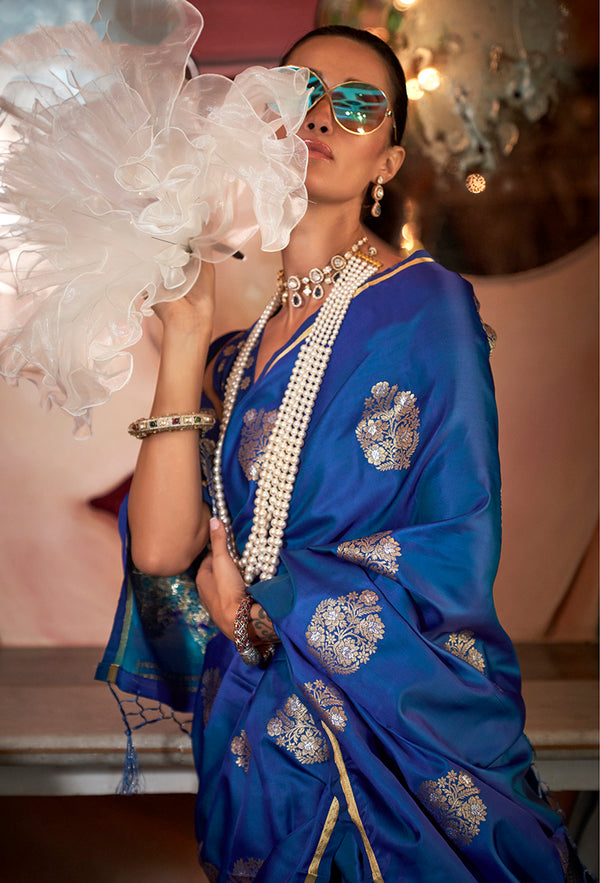 Monjolika Fashion Pure Satin Silk Weaving Zari Traditional Saree In Blue