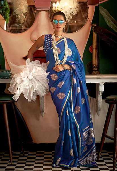 Monjolika Fashion Pure Satin Silk Weaving Zari Traditional Saree In Blue