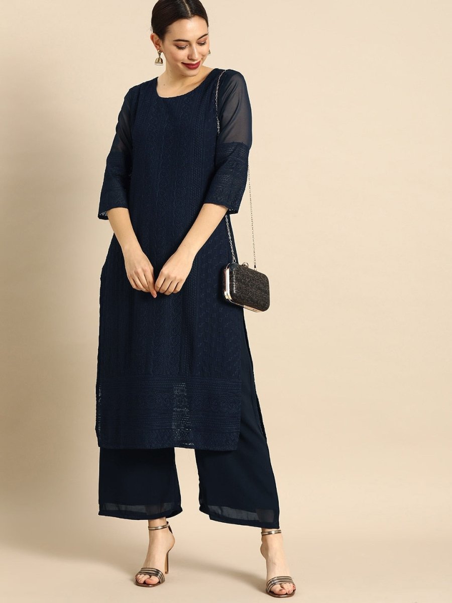 Anouk Women Navy Blue Chikankari Embroidered Kurta with Palazzos - Distacart