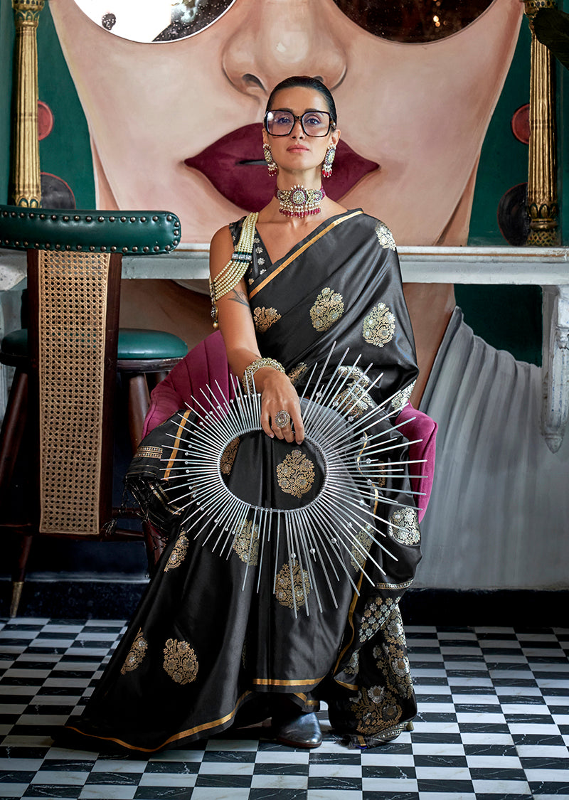 Monjolika Fashion Pure Satin Silk Black Weaving Zari Contemporary Saree