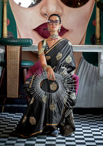 Thumbnail for Monjolika Fashion Pure Satin Silk Black Weaving Zari Contemporary Saree