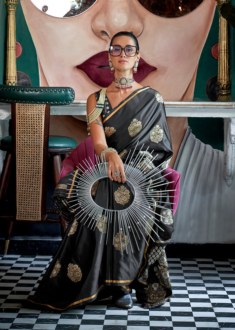 Monjolika Fashion Pure Satin Silk Black Weaving Zari Contemporary Saree