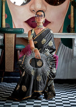 Thumbnail for Monjolika Fashion Pure Satin Silk Black Weaving Zari Contemporary Saree