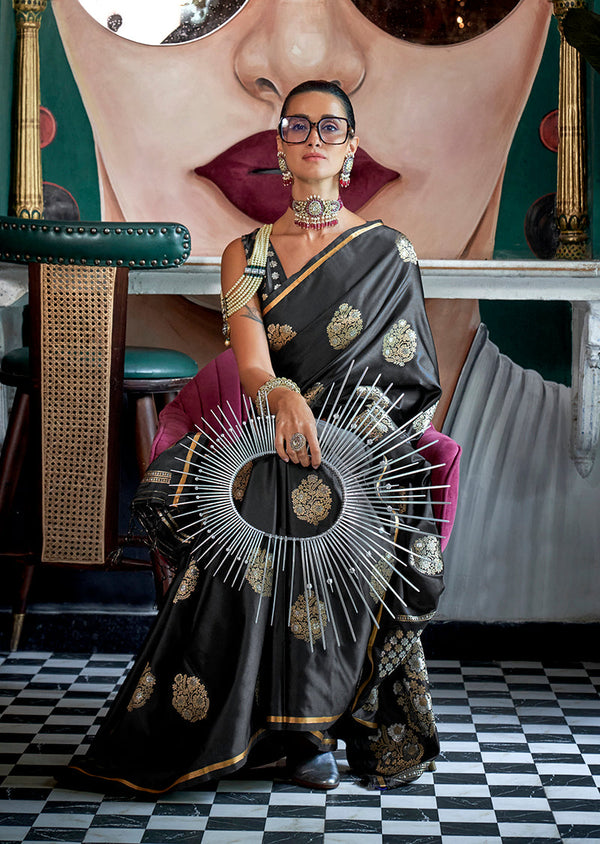 Monjolika Fashion Pure Satin Silk Black Weaving Zari Contemporary Saree