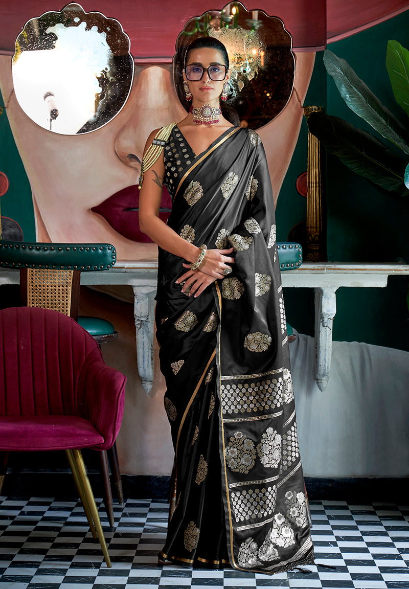Monjolika Fashion Pure Satin Silk Black Weaving Zari Contemporary Saree