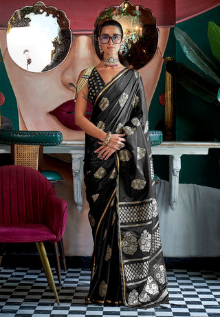 Monjolika Fashion Pure Satin Silk Black Weaving Zari Contemporary Saree