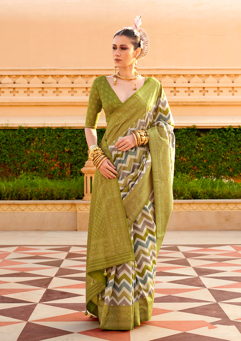 Monjolika Fashion Silk Olive Foil Print Classic Saree