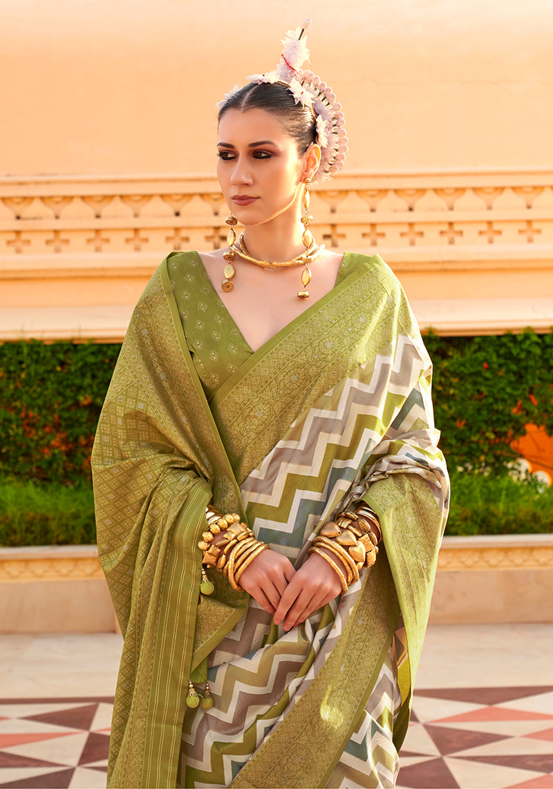 Monjolika Fashion Silk Olive Foil Print Classic Saree