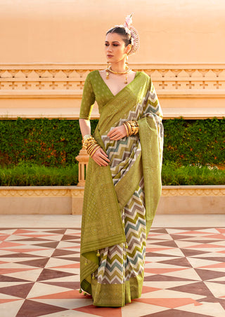 Monjolika Fashion Silk Olive Foil Print Classic Saree