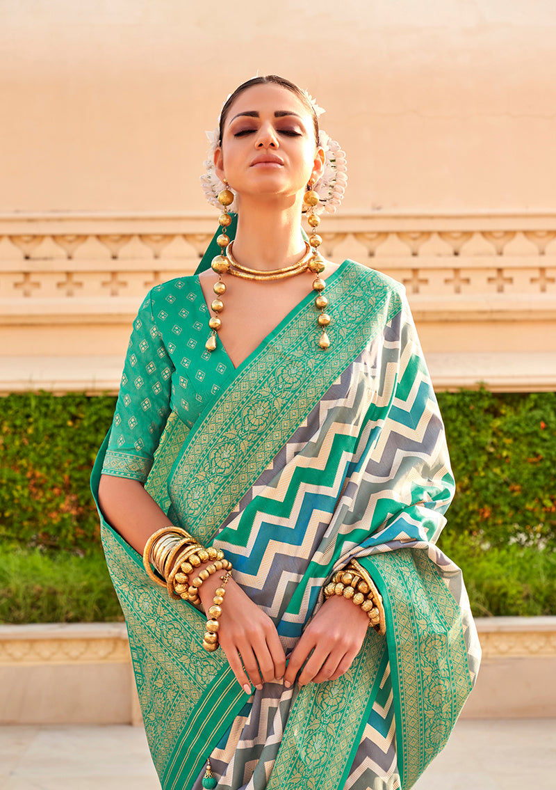 Monjolika Fashion Silk Turquoise Color Foliage Prints Saree