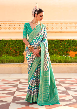 Monjolika Fashion Silk Turquoise Color Foliage Prints Saree