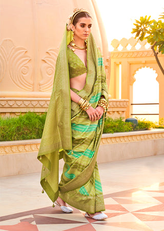 Monjolika Fashion Silk Olive Foli Print Classic Saree