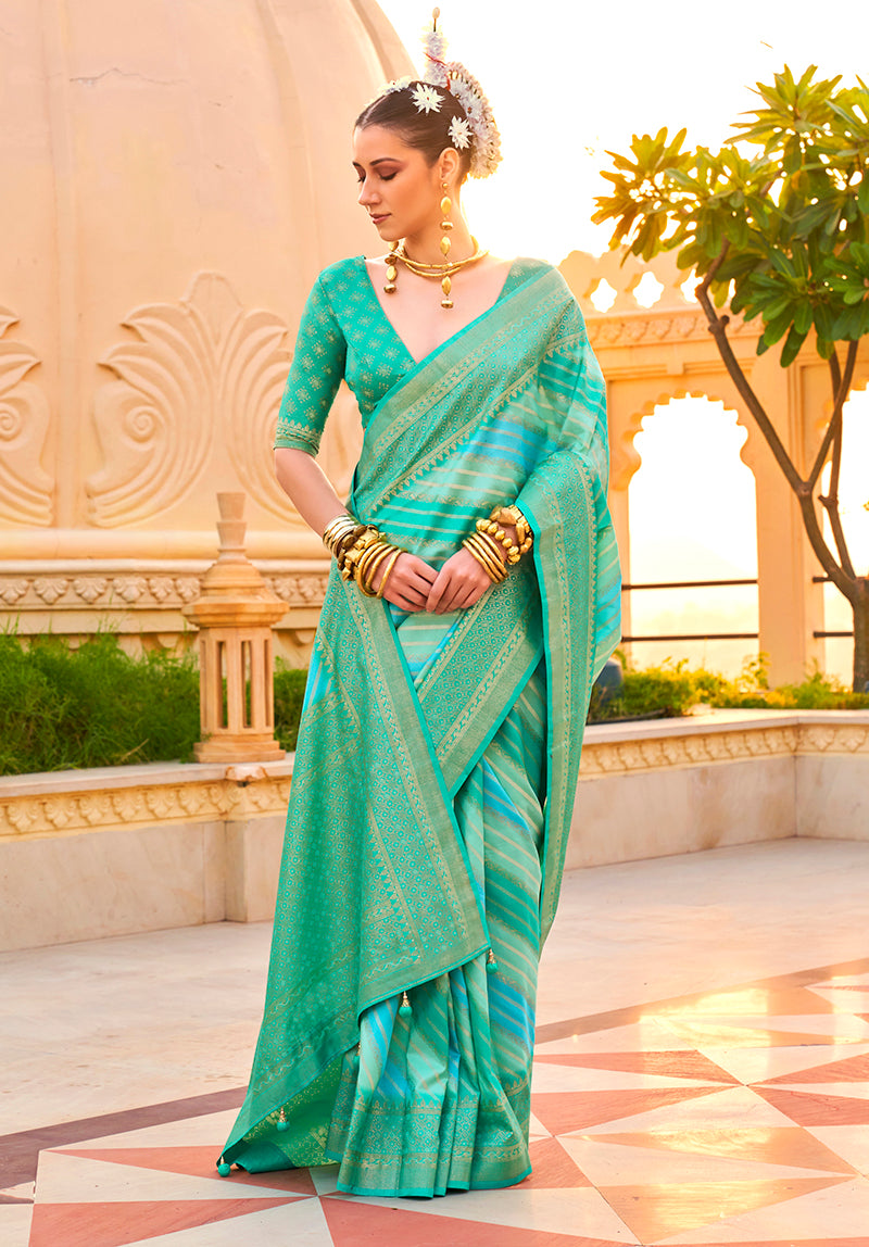 Monjolika Fashion Foil Print Turquoise Contemporary Silk Saree