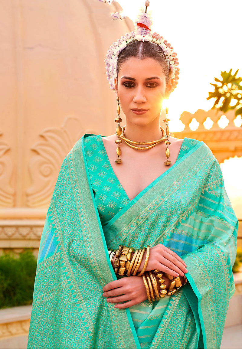 Monjolika Fashion Foil Print Turquoise Contemporary Silk Saree