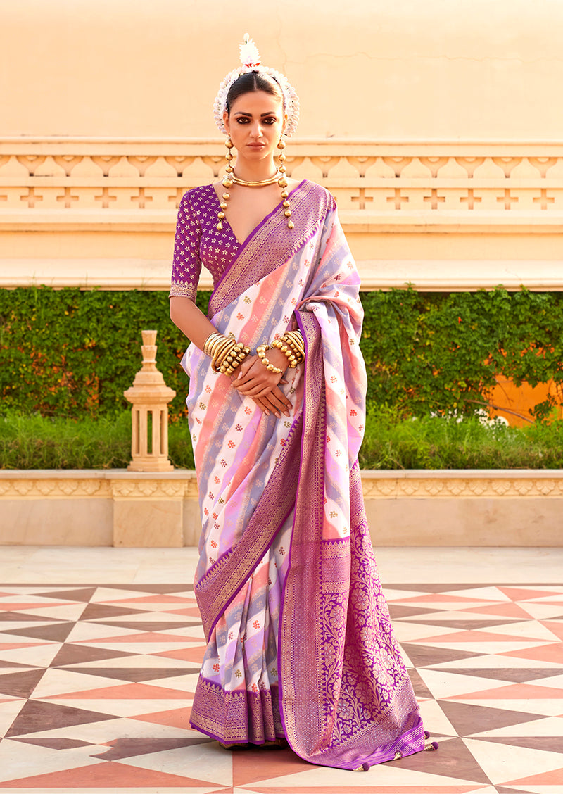 Monjolika Fashion Purple Silk Foliage Prints Contemporary Saree