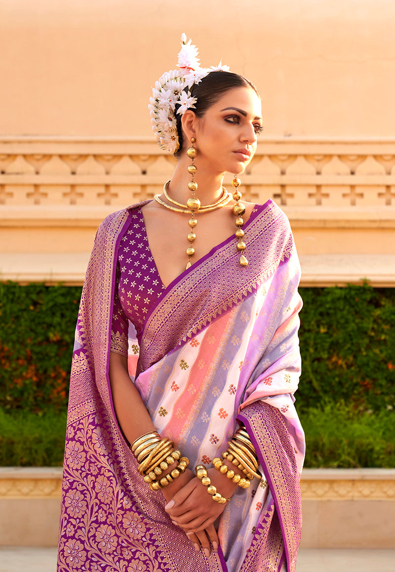 Monjolika Fashion Purple Silk Foliage Prints Contemporary Saree