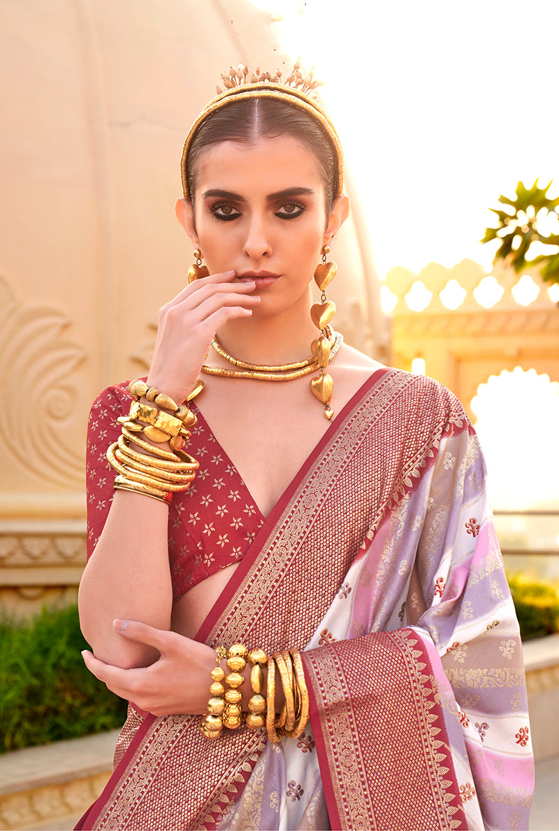 Monjolika Fashion Maroon Ceremonial Foliage Prints Trendy Silk Saree