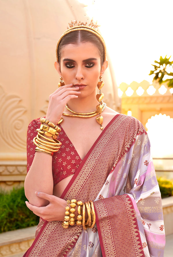 Monjolika Fashion Maroon Ceremonial Foliage Prints Trendy Silk Saree