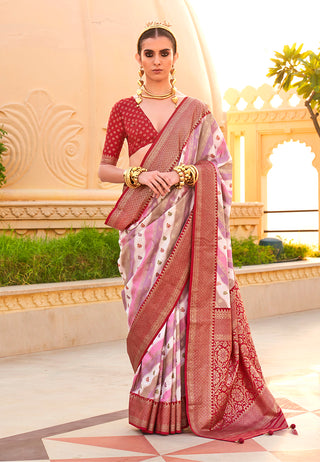 Monjolika Fashion Maroon Ceremonial Foliage Prints Trendy Silk Saree