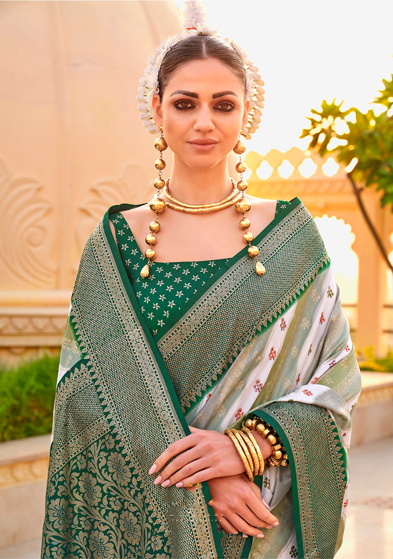 Monjolika Fashion Green Silk Foil Print Classic Saree