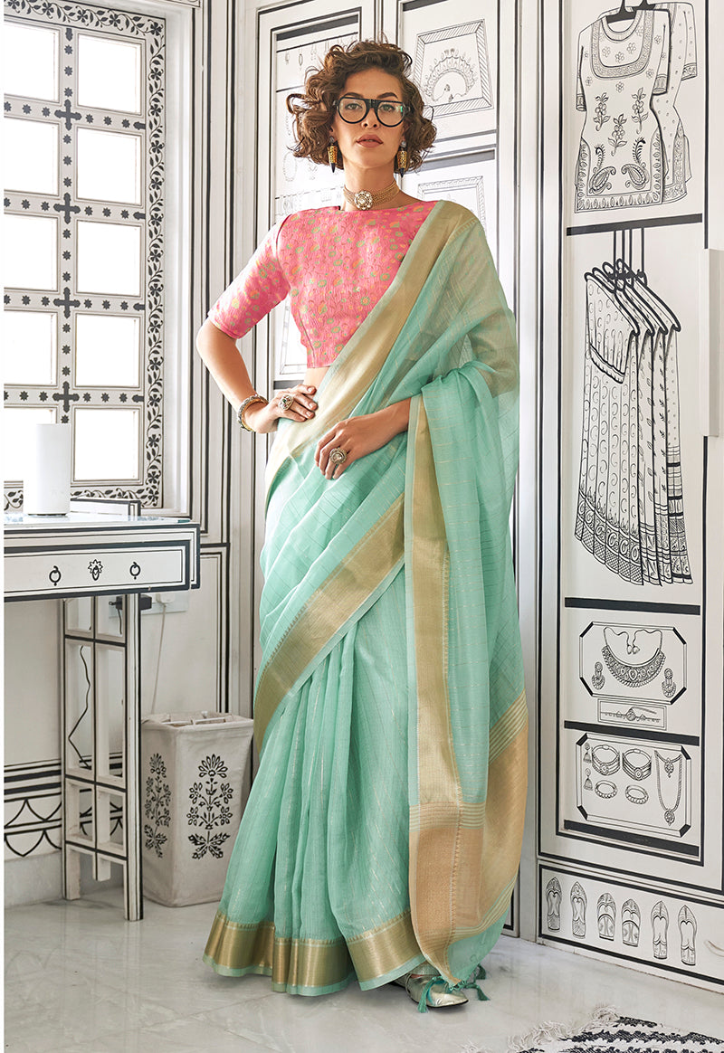 Monjolika Fashion Weaving Aqua Blue Chiffon Classic Saree - Distacart