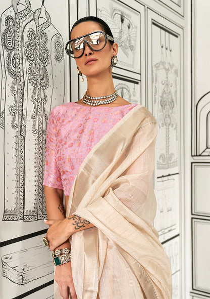 Monjolika Fashion Cream Chiffon Weaving Contemporary Saree - Distacart