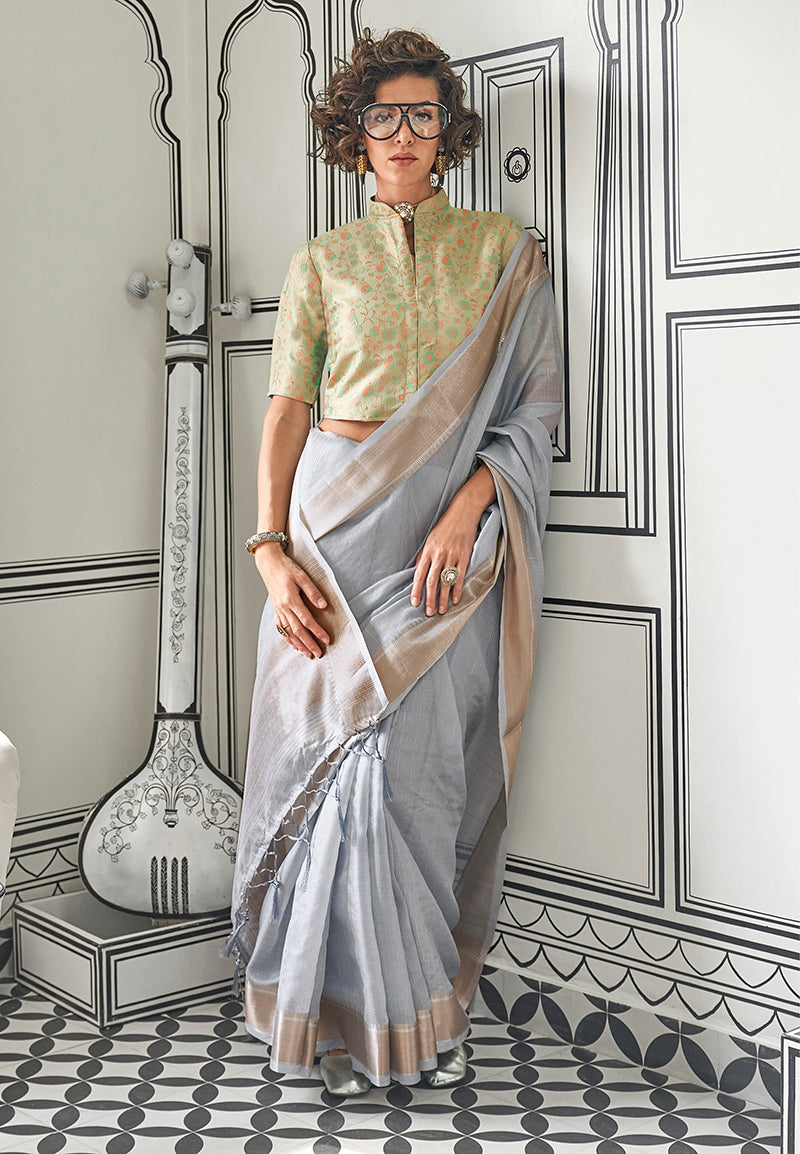 Monjolika Fashion Chiffon Grey Weaving Traditional Saree